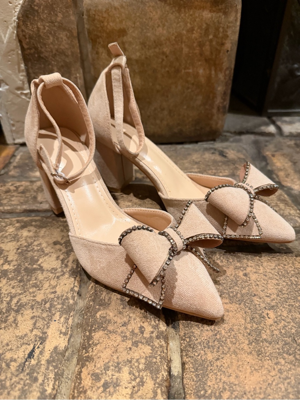 Pointed-Toe Blush Pink Block Heels with Crystal Bow Accent
